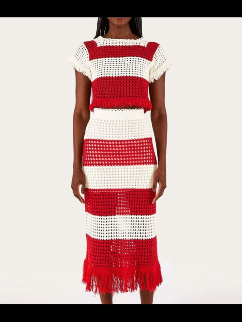 Farm Rio Striped Red & White Crochet Midi Skirt Set - Medium NWT